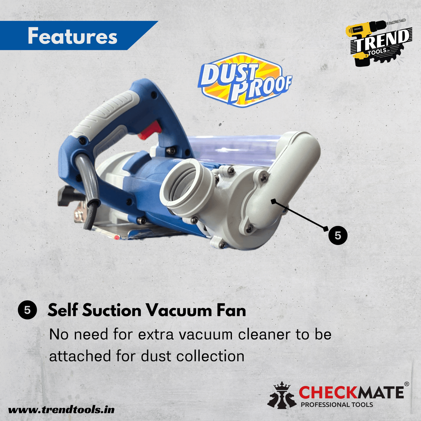 Checkmate Dust Proof Marble Cutter CKT - CM5 - 2800DP, 2800 Watts Powerful Motor, Dust Hose and Bag Included - Trend Tools