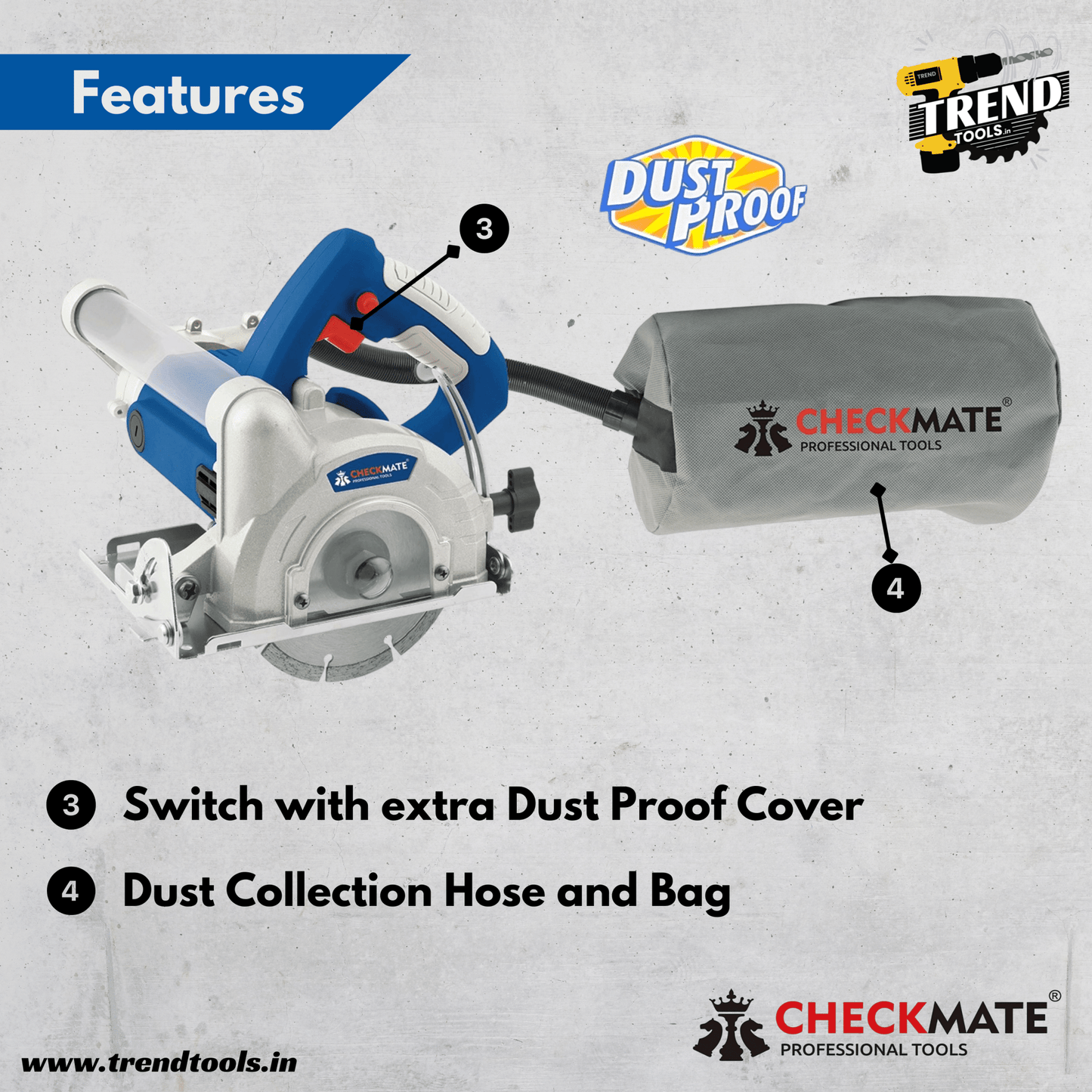 Checkmate Dust Proof Marble Cutter CKT - CM5 - 2800DP, 2800 Watts Powerful Motor, Dust Hose and Bag Included - Trend Tools
