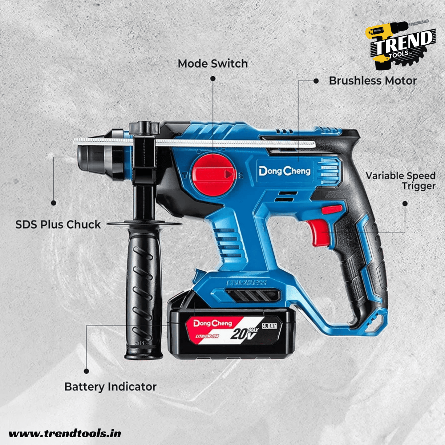 Dongcheng 20V Cordless Brushless Rotary Hammer DCZC22, 3 Modes of Operation, 2 Batteries and Charger included. - Trend Tools