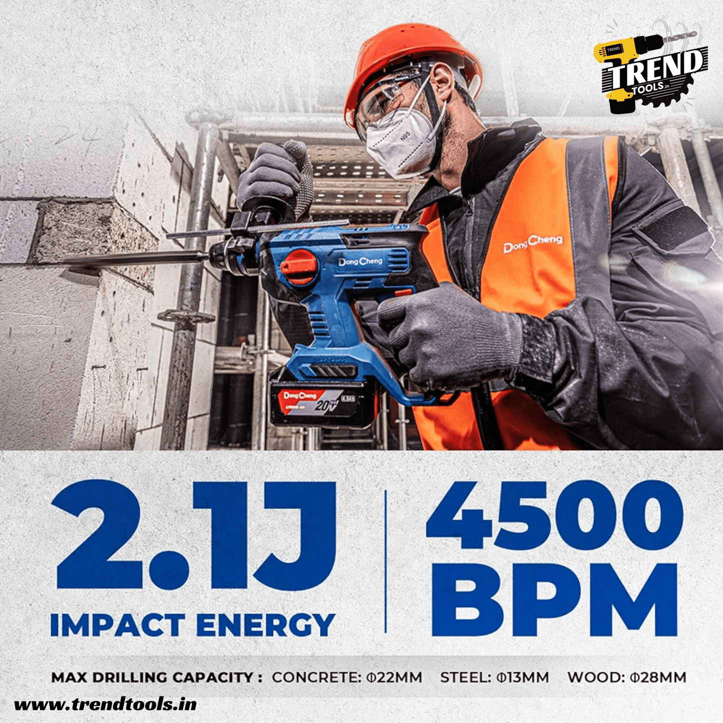 Dongcheng 20V Cordless Brushless Rotary Hammer DCZC22, 3 Modes of Operation, 2 Batteries and Charger included. - Trend Tools