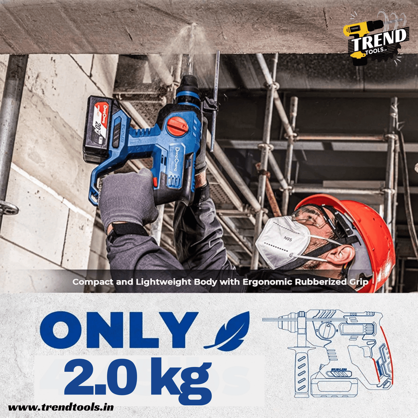 Dongcheng 20V Cordless Brushless Rotary Hammer DCZC22, 3 Modes of Operation, 2 Batteries and Charger included. - Trend Tools