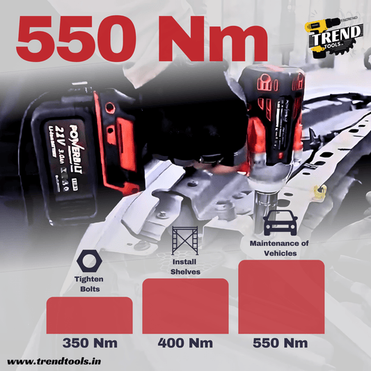 Powerbilt 21V Cordless Brushless Impact Wrench PBT - CL - 21WR550, 550 Nm Max Torque, 2 Batteries and Charger included - Trend Tools