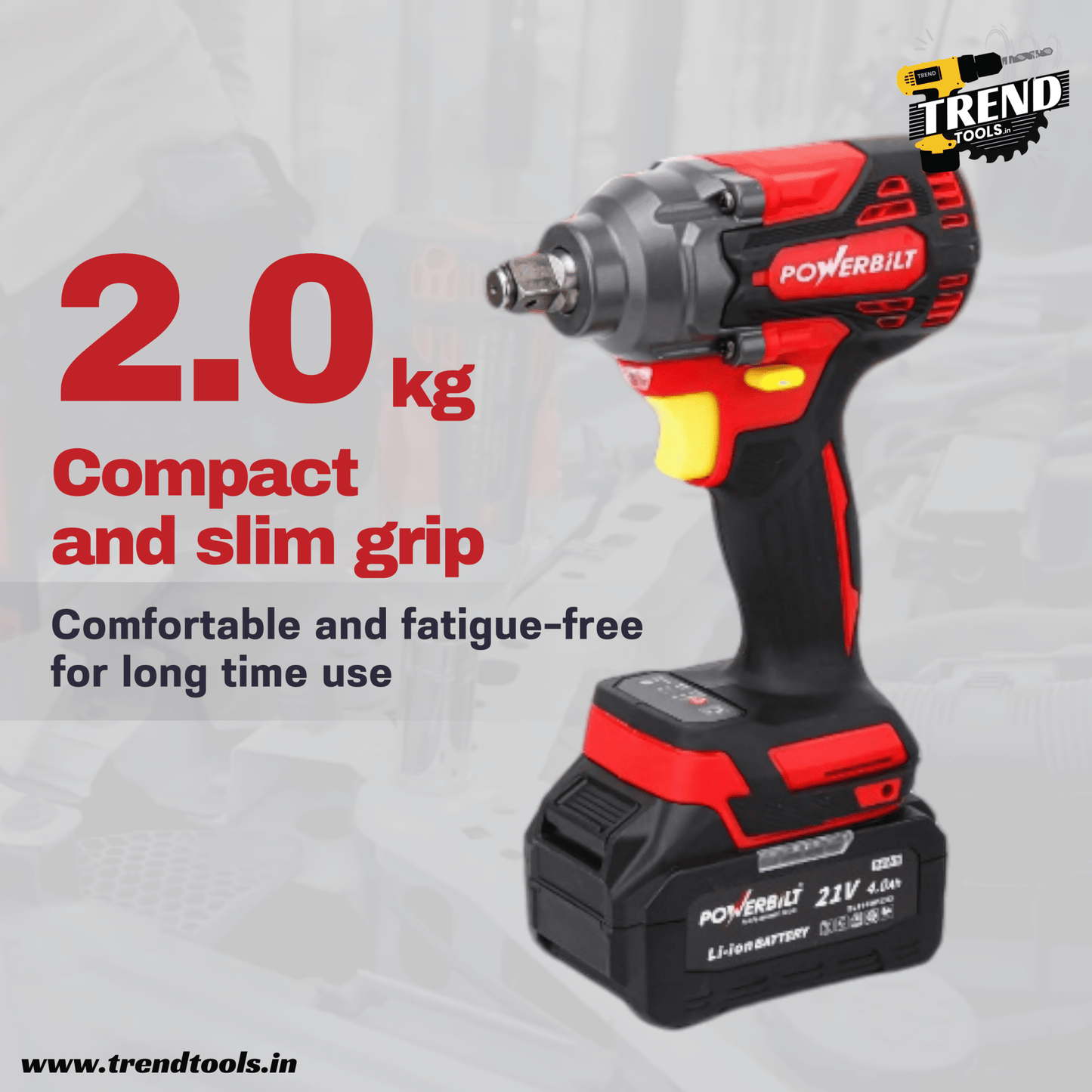 Powerbilt 21V Cordless Brushless Impact Wrench PBT - CL - 21WR550, 550 Nm Max Torque, 2 Batteries and Charger included - Trend Tools