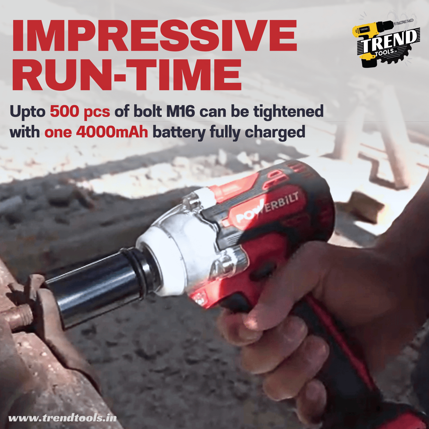 Powerbilt 21V Cordless Brushless Impact Wrench PBT - CL - 21WR550, 550 Nm Max Torque, 2 Batteries and Charger included - Trend Tools
