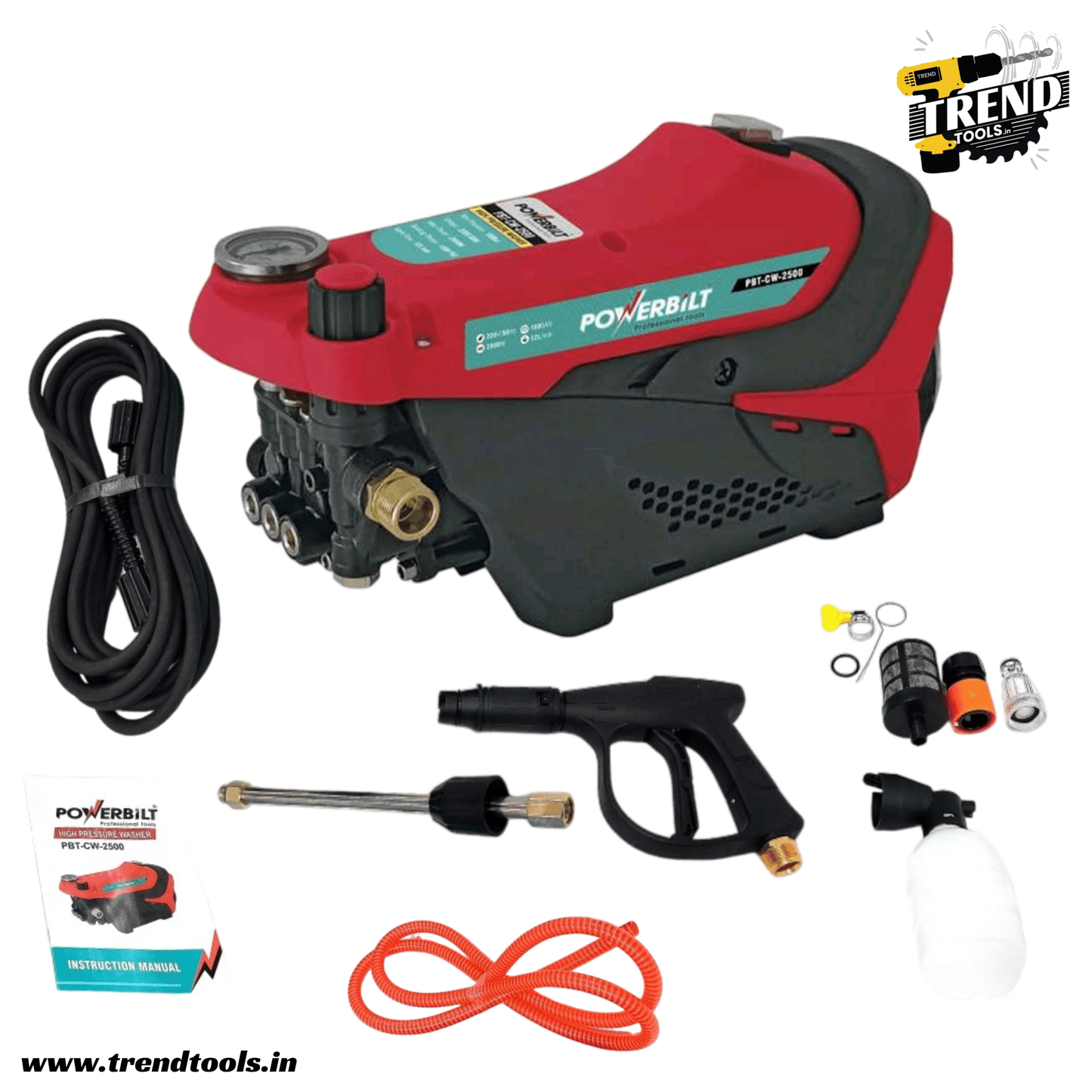 Powerbilt High Pressure Washer PBT - CW - 2500, Max. Pressure of 180 bar with Pressure Adjustment. - Trend Tools