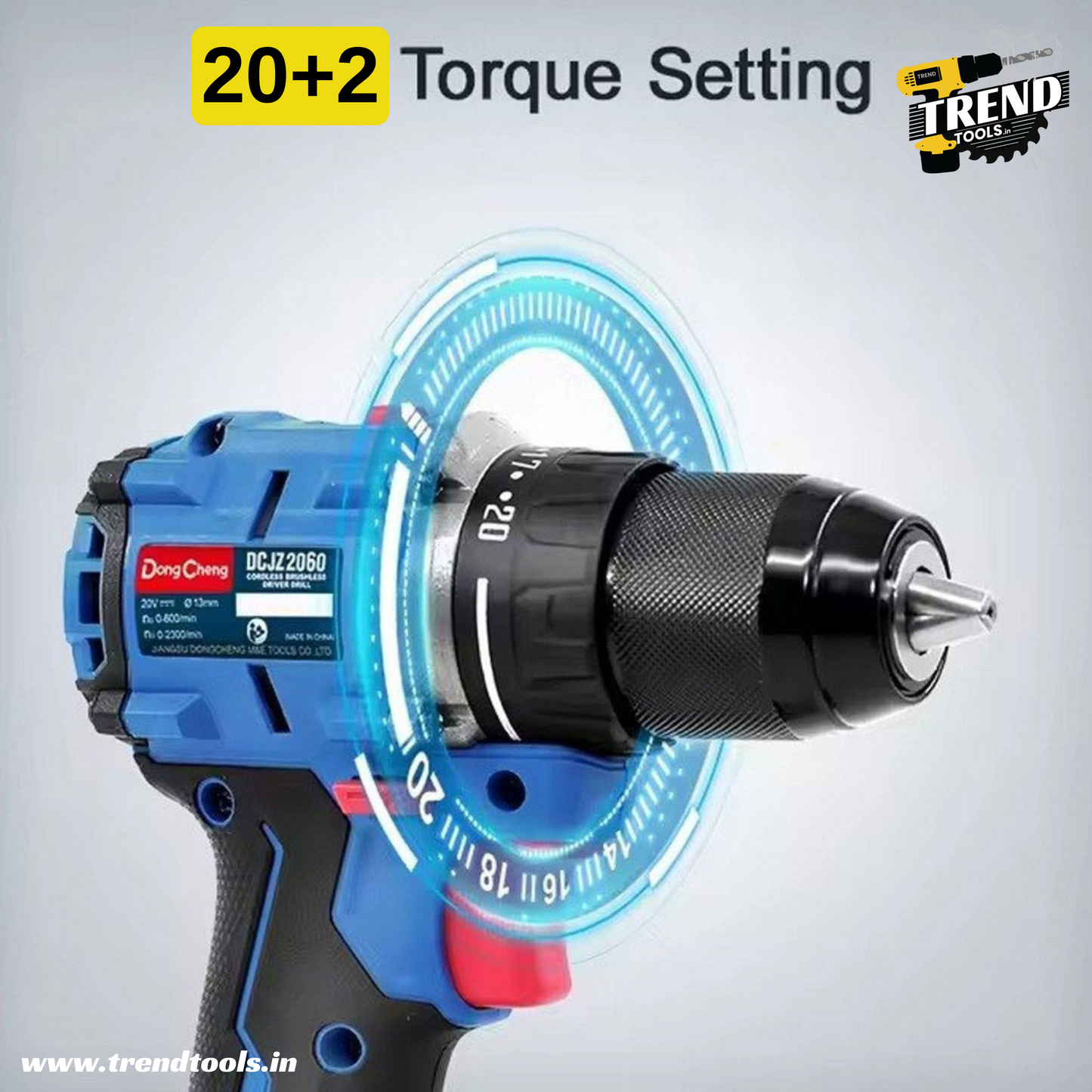 Dongcheng 20V Cordless Brushless Impact Drill DCJZ2060i, 20+2 Torque settings, 2 x 4.0Ah Batteries and Charger included.