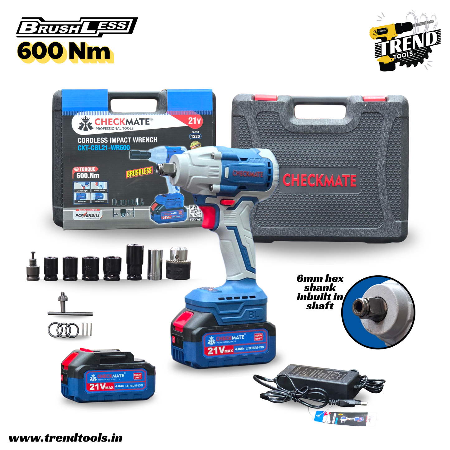 Checkmate 21V Cordless Brushless Impact Wrench CKT-CBL21-WR600, 600 Nm Max Torque, 2 x 4.0Ah Batteries and Charger included.