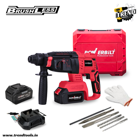 Powerbilt 21V Cordless Brushless Rotary Hammer PBT-CL-RH26, 3 Modes with 26mm Max Capacity, 2 x 4.0Ah Batteries and Charger included.