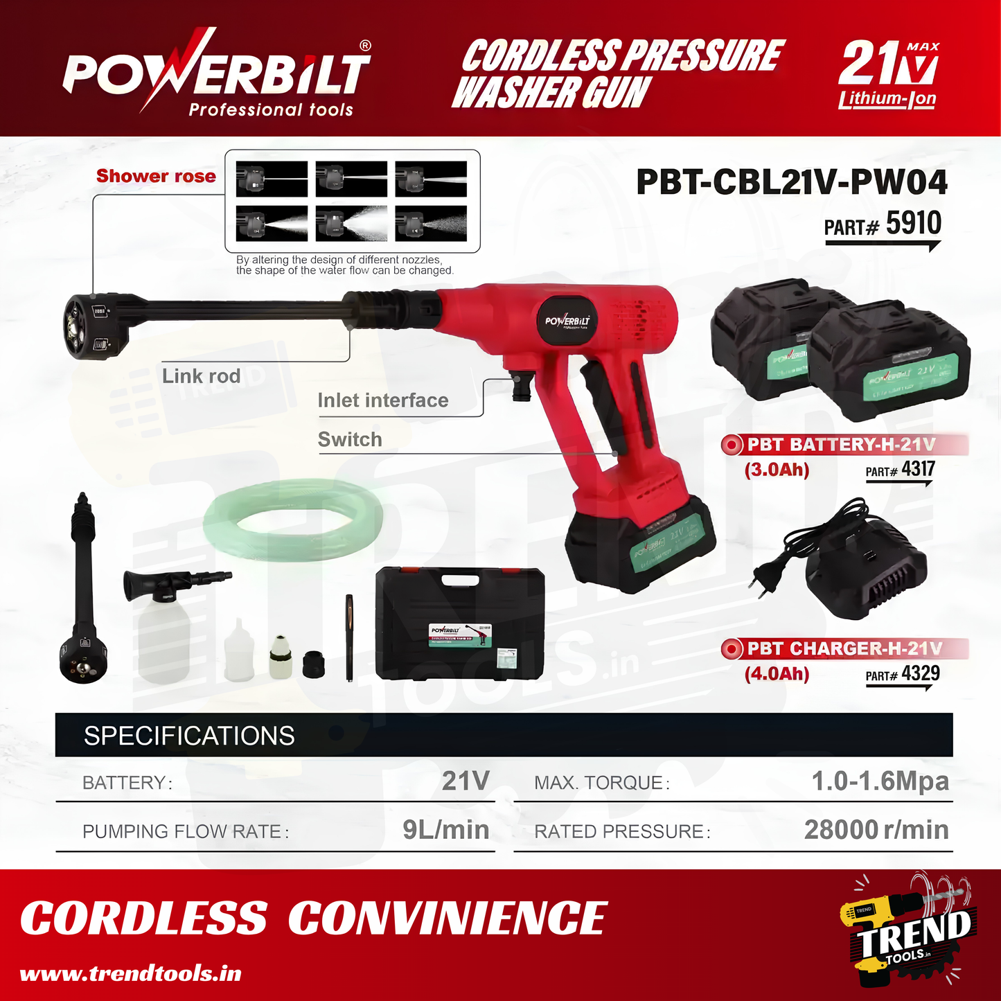 Powerbilt 21V Cordless Brushless Pressure Washer (PBT-CBL21V-PW04) - Incl. 2 x 3.0Ah Batteries and 1 Charger