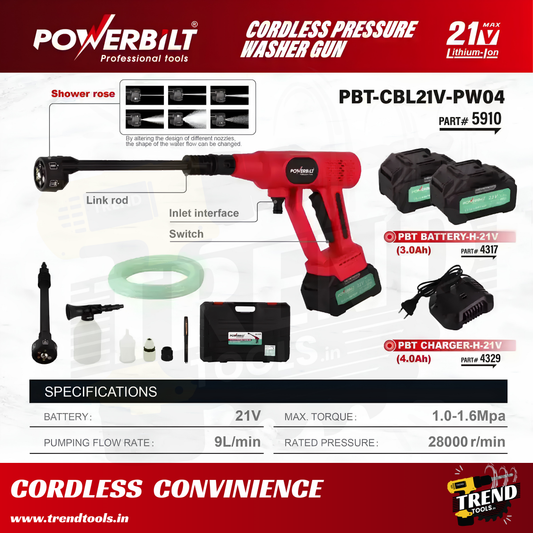 Powerbilt 21V Cordless Brushless Pressure Washer (PBT-CBL21V-PW04) - Incl. 2 x 3.0Ah Batteries and 1 Charger