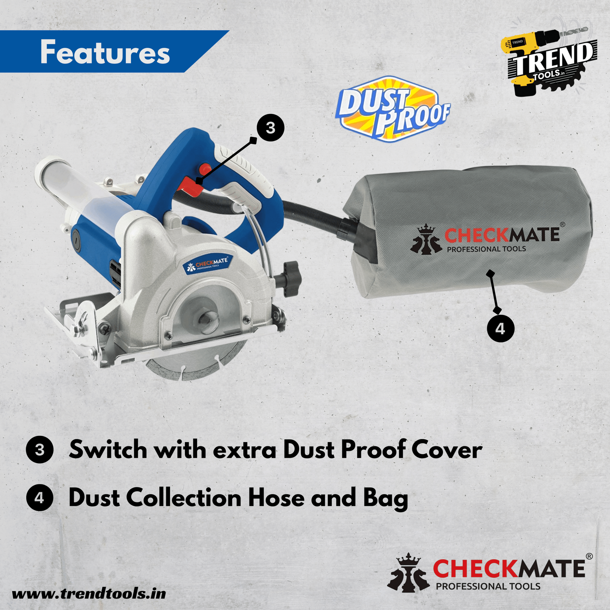 Checkmate Dust Proof Marble Cutter CKT - CM5 - 2800DP, 2800 Watts Powerful Motor, Dust Hose and Bag Included - Trend Tools