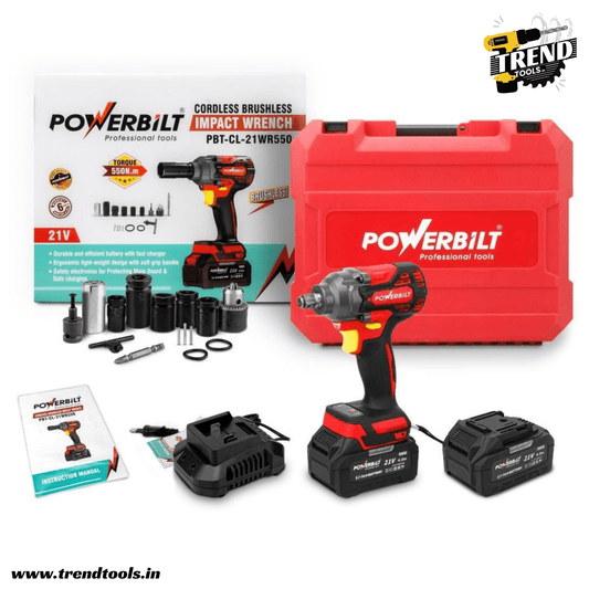 Powerbilt 21V Cordless Brushless Impact Wrench PBT - CL - 21WR550, 550 Nm Max Torque, 2 Batteries and Charger included - Trend Tools