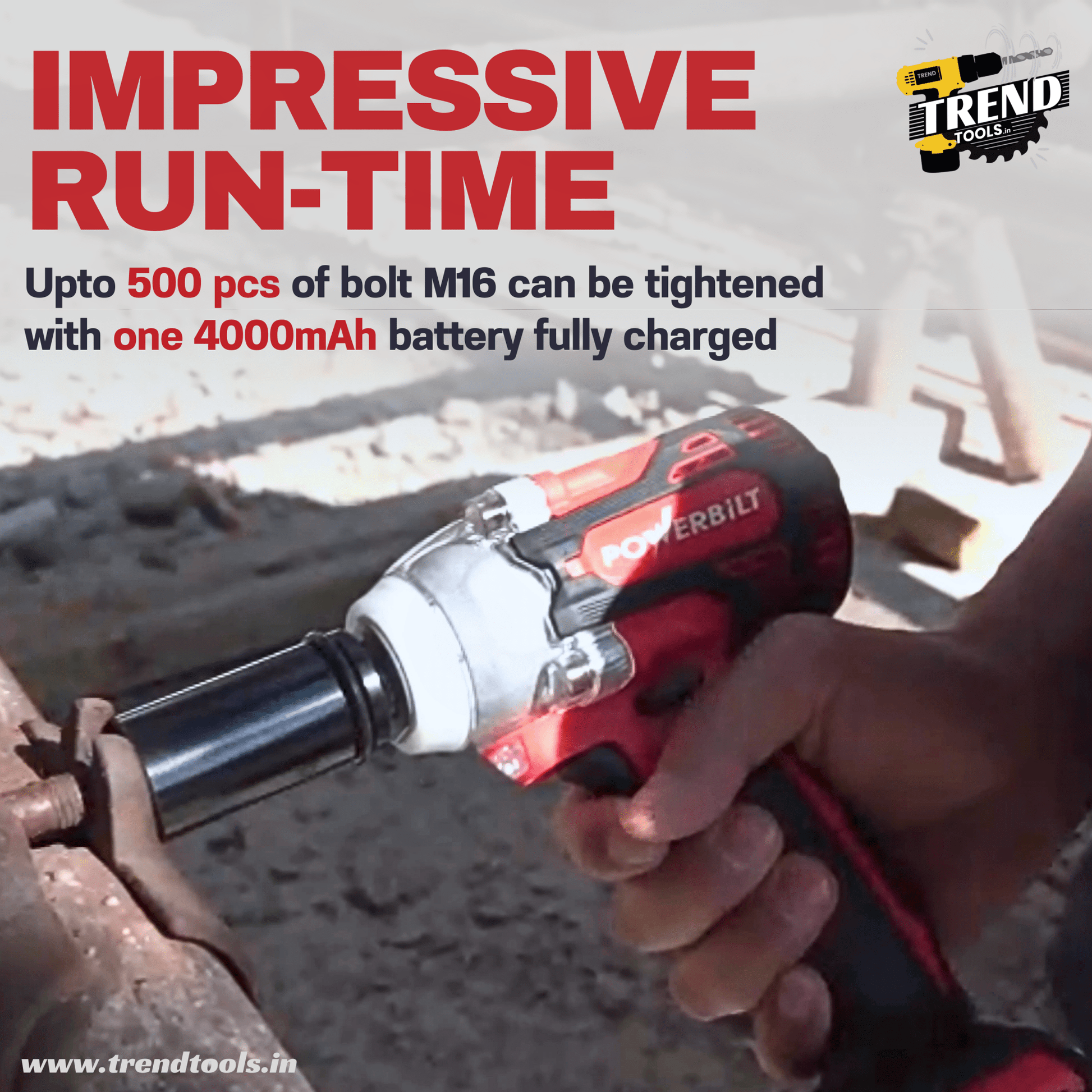 Powerbilt 21V Cordless Brushless Impact Wrench PBT - CL - 21WR550, 550 Nm Max Torque, 2 Batteries and Charger included - Trend Tools