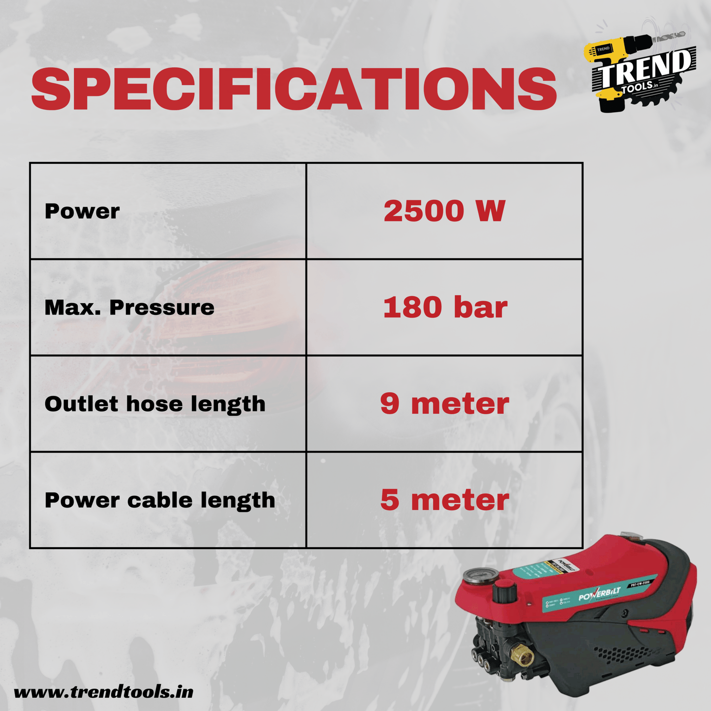 Powerbilt High Pressure Washer PBT - CW - 2500, Max. Pressure of 180 bar with Pressure Adjustment. - Trend Tools