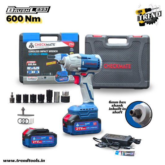 Checkmate 21V Cordless Brushless Impact Wrench CKT-CBL21-WR600, 600 Nm Max Torque, 2 x 4.0Ah Batteries and Charger included.