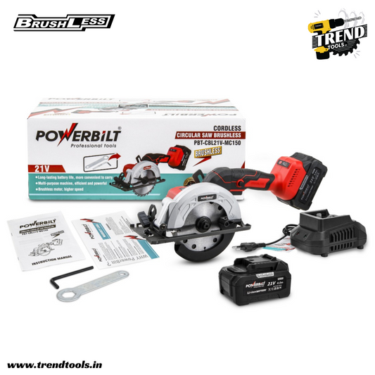 Powerbilt 21V Cordless Brushless Circular Saw PBT-CBL21V-MC150, 6 Inch Blade Capacity, 2 x 4.0Ah Batteries and Charger included.